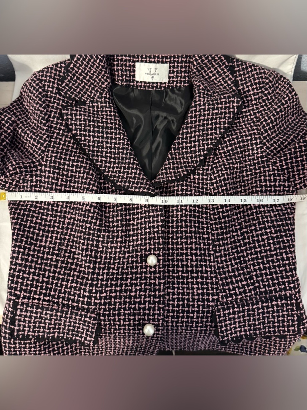 Pink Black Tweed Blazer Pearl Button Scalloped Trim Jacket Versailles - Picture 11 of 13